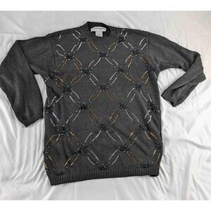 Norton McNaughton Womens Black Beaded Floral Sweater Vintage Embellished size L